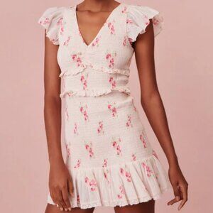 LoveShackFancy  Sonora Smocked Ruffle Mini Dress Berry Moment Print XL NWT $375